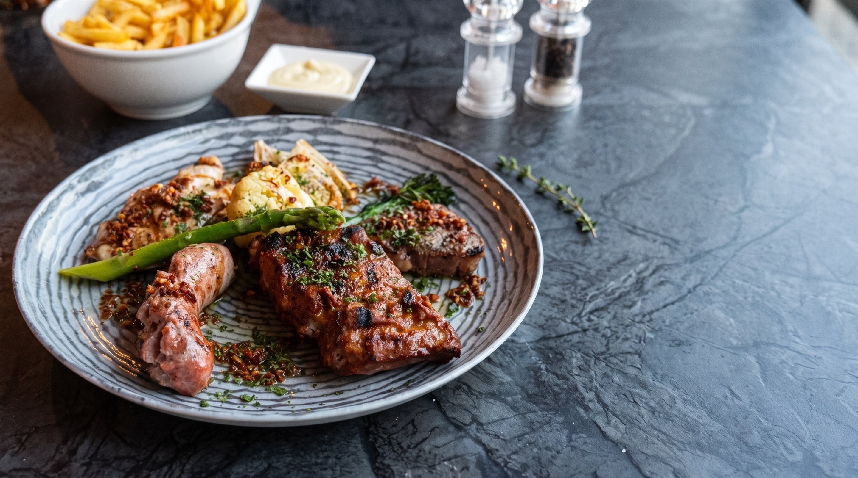Gegrillte Fleisch-Spezialitäten mit Kräutern und Pommes auf grauem Teller