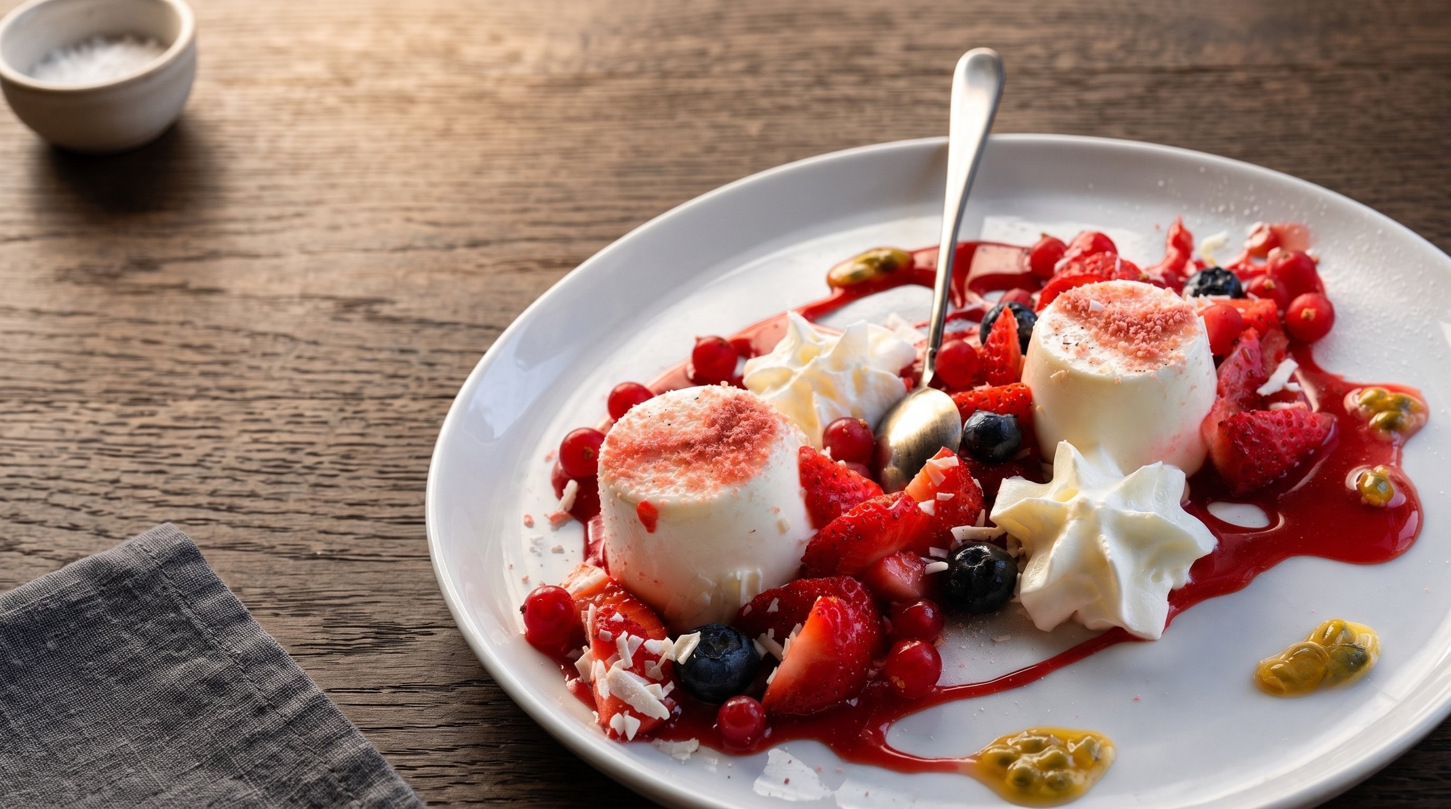 Hausgemachtes Dessert mit Panna Cotta, frischen Beeren und Sahne