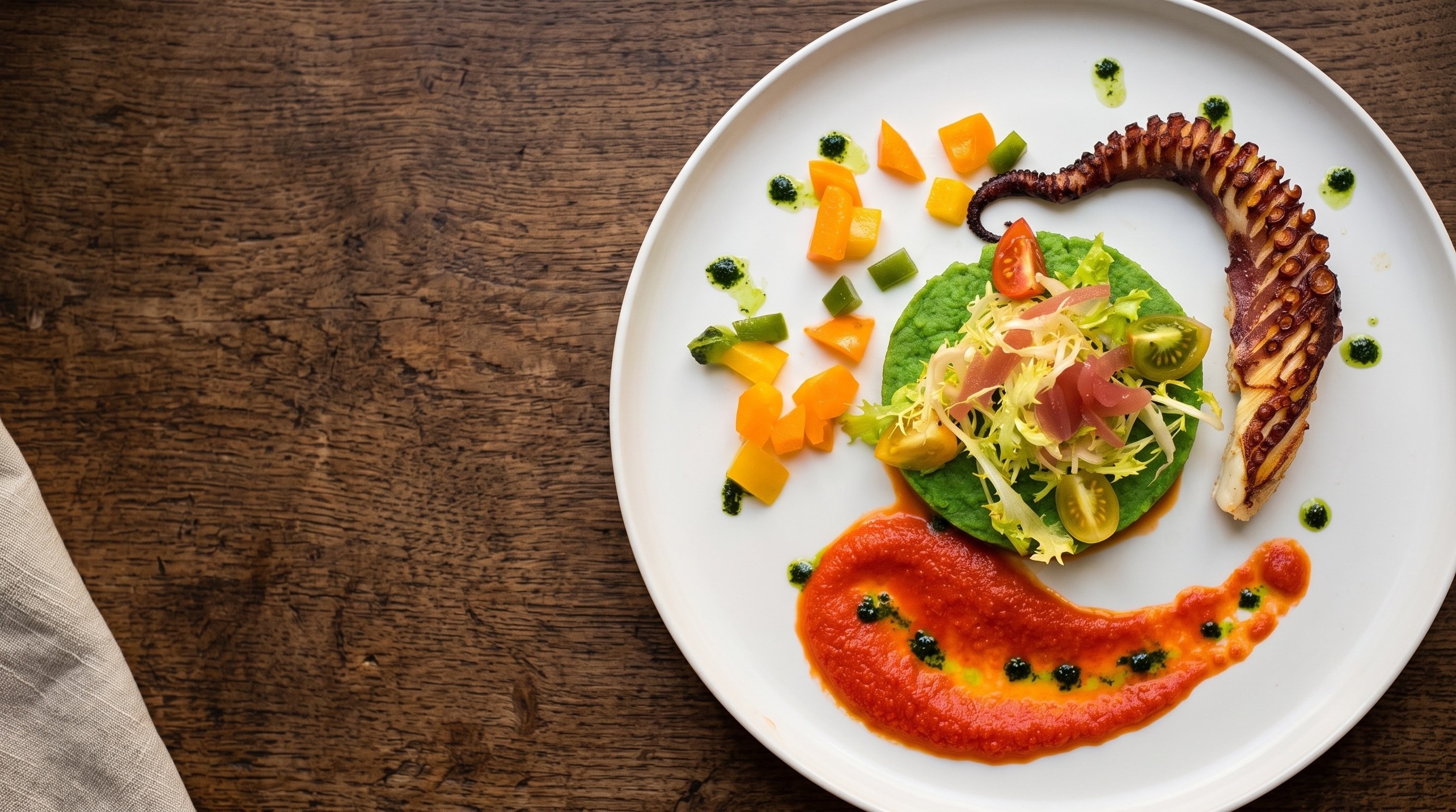 Mediterranes Fischgericht mit Oktopus, Erbsenpüree und Paprika auf weißem Teller