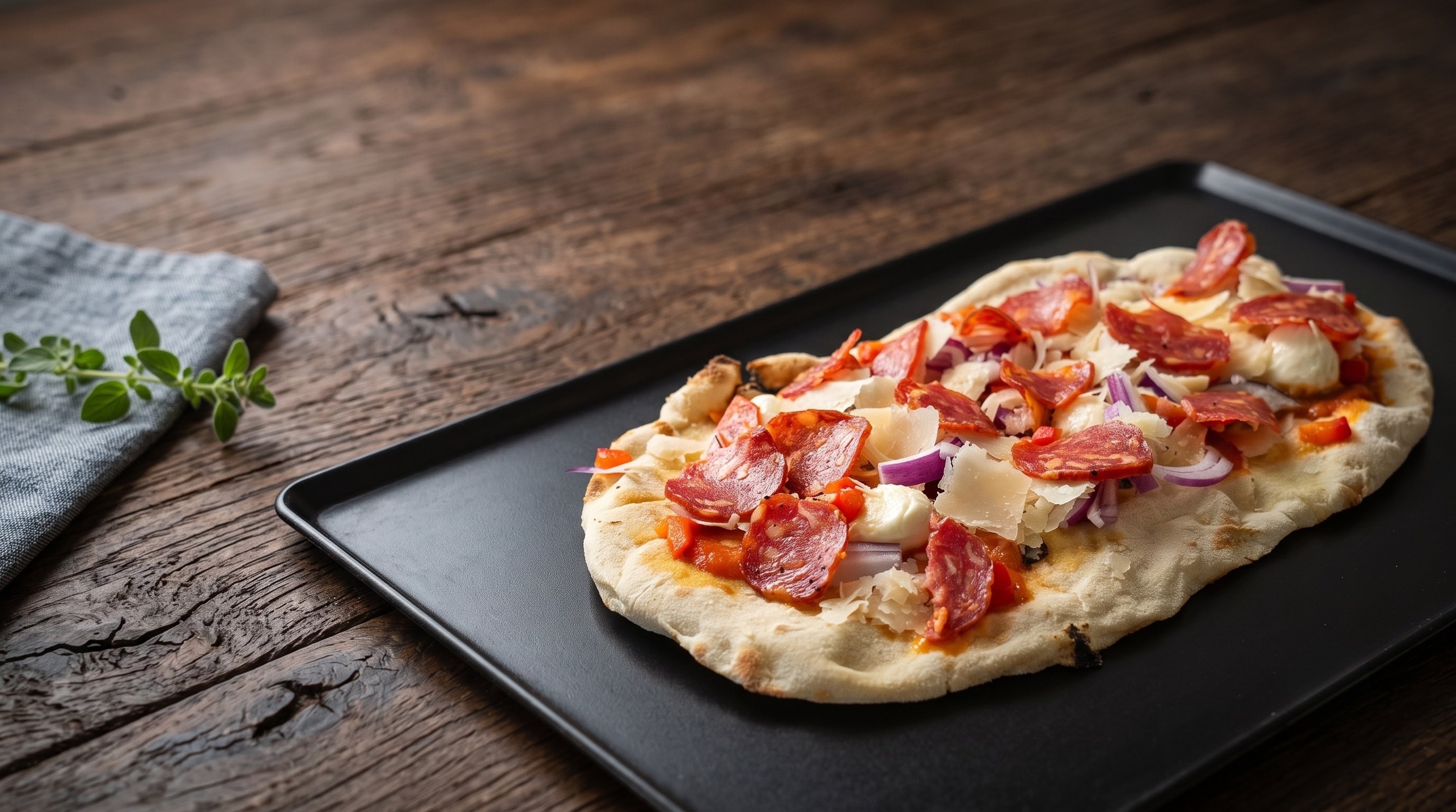Pinsa mit pikanter Salami, roten Zwiebeln und geschmolzenem Käse auf schwarzem Servierbrett